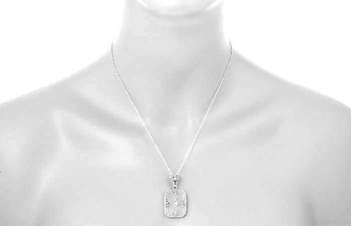 Art Deco Filigree Fleur de Lis Camphor Crystal and Diamond Pendant Necklace in Sterling Silver - Item: N137C - Image: 4