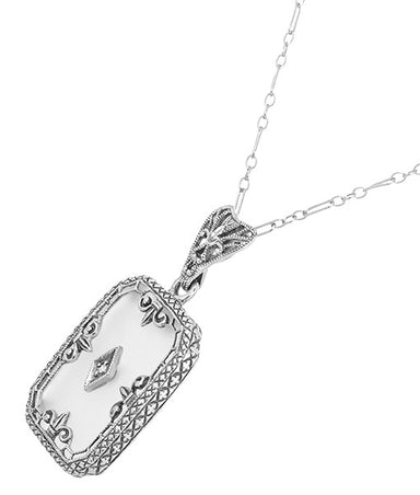 Art Deco Filigree Fleur de Lis Camphor Crystal and Diamond Pendant Necklace in Sterling Silver - alternate view