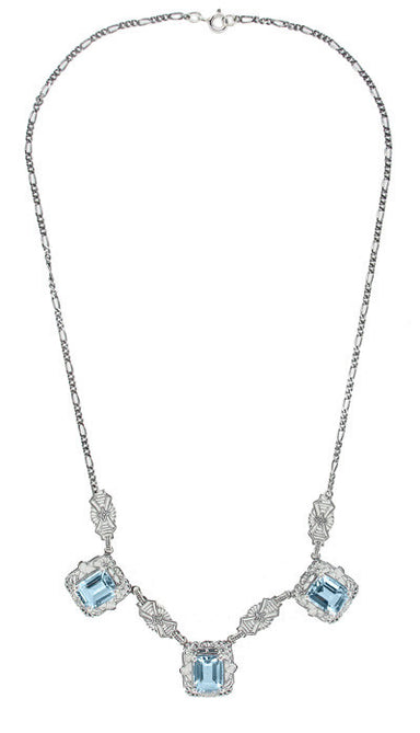 Art Deco Filigree Blue Topaz 3 Drop Necklace in Sterling Silver - alternate view
