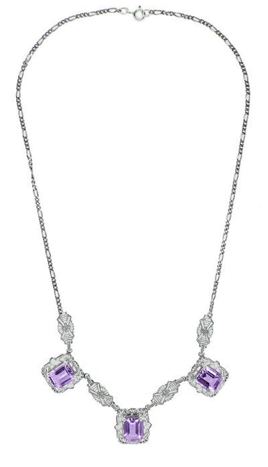 Art Deco Filigree Amethyst 3 Drop Necklace in Sterling Silver - alternate view