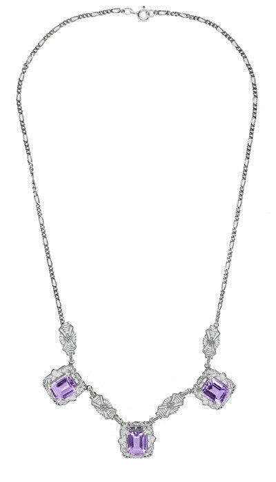 Art Deco Filigree Amethyst 3 Drop Necklace in Sterling Silver - Item: N140AM - Image: 2