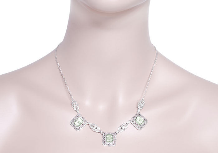 Art Deco Filigree Prasiolite ( Green Amethyst ) 3 Drop Necklace in Sterling Silver - Item: N140GA - Image: 3