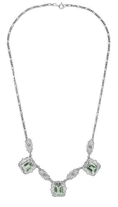Art Deco Filigree Prasiolite ( Green Amethyst ) 3 Drop Necklace in Sterling Silver - Item: N140GA - Image: 2