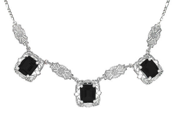 Art Deco Filigree Black Onyx 3 Drop Necklace in Sterling Silver