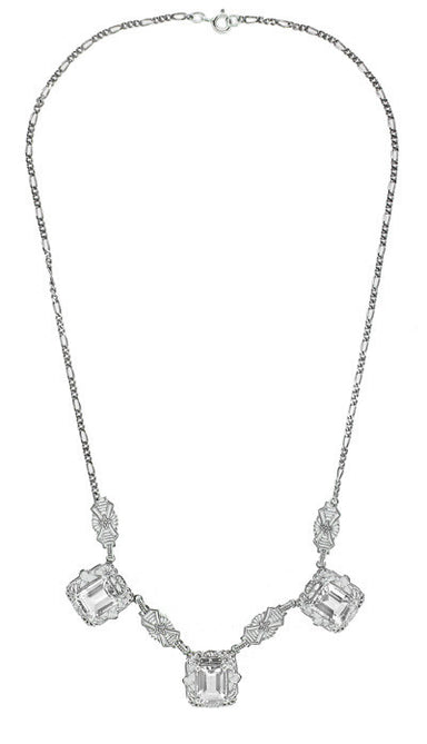 Art Deco Filigree White Topaz 3 Drop Necklace in Sterling Silver - alternate view
