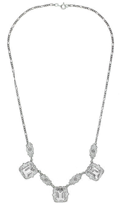 Art Deco Filigree White Topaz 3 Drop Necklace in Sterling Silver - Item: N140WT - Image: 2