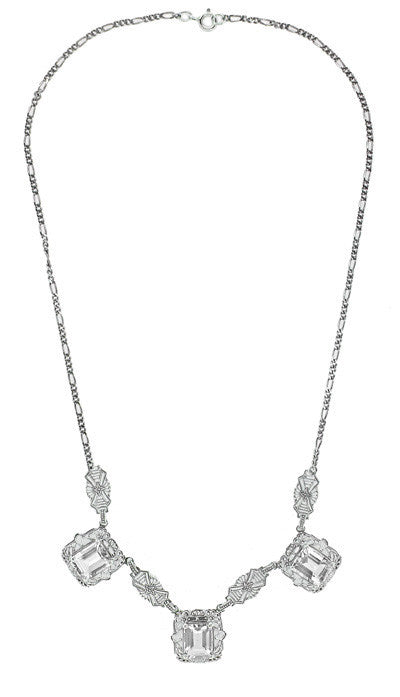 Art Deco Filigree White Topaz 3 Drop Necklace in Sterling Silver - Item: N140WT - Image: 2