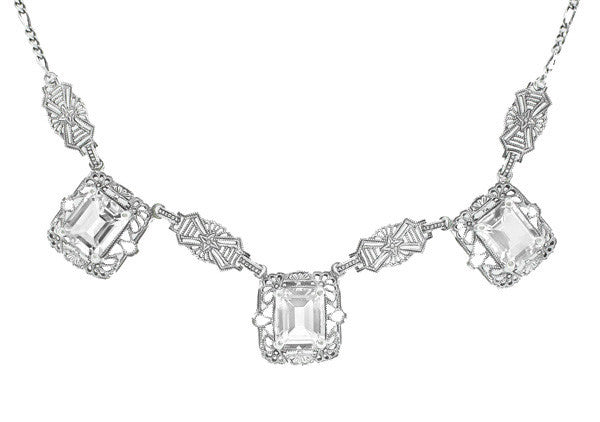 Art Deco Filigree White Topaz 3 Drop Necklace in Sterling Silver