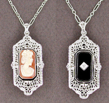 Art Deco Filigree Cameo Onyx and Diamond Flip Pendant Necklace in Sterling Silver
