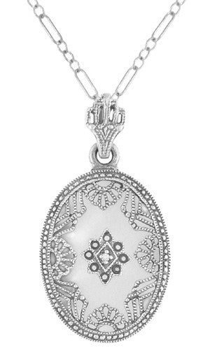 Art Deco Filigree Camphor Crystal and Diamond Oval Pendant Necklace in Sterling Silver