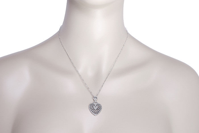Heart of Love Art Deco Filigree Diamond Pendant Necklace in Sterling Silver - Item: N143 - Image: 3