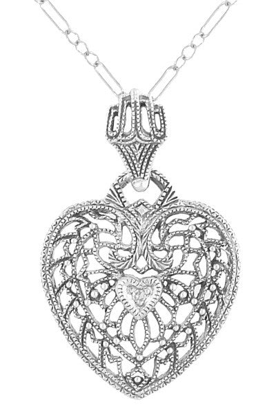 Heart of Love Art Deco Filigree Diamond Pendant Necklace in Sterling Silver