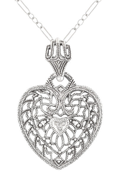 14 Karat White Gold Heart of Love Art Deco Filigree Diamond Pendant Necklace