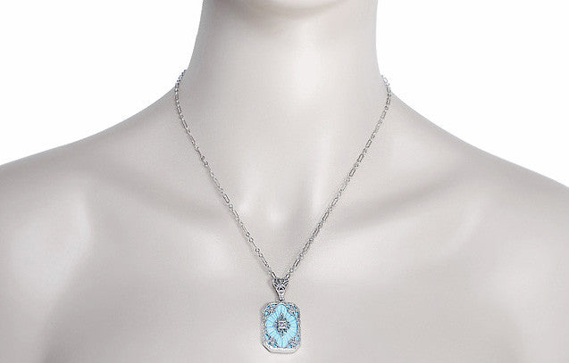 Art Deco Filigree Scrolls Starburst Diamond Set Pendant Necklace in Sterling Silver - Item: N144 - Image: 3