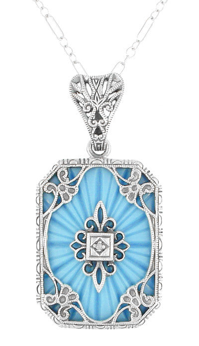 Art Deco Filigree Scrolls Starburst Diamond Set Pendant Necklace in Sterling Silver