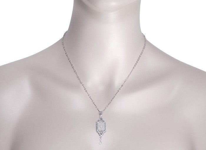 Art Deco Starburst Crystal & Diamond Drop Pendant Necklace in Sterling Silver - Item: N146 - Image: 3
