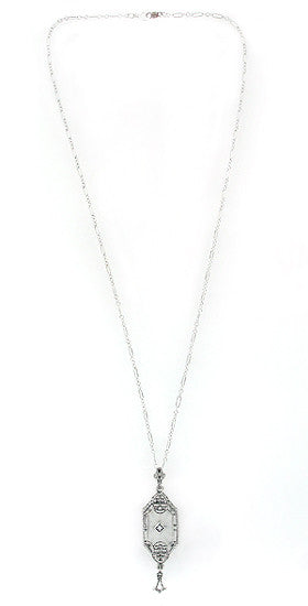 Art Deco Starburst Crystal & Diamond Drop Pendant Necklace in Sterling Silver - alternate view