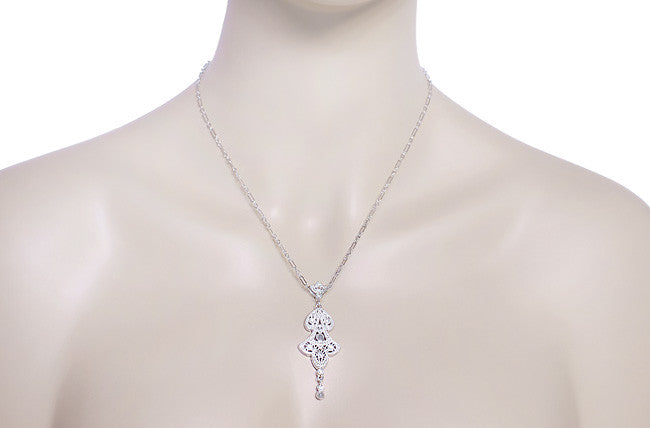 Edwardian Pearl Lavalier Drop Pendant Necklace in 14 Karat White Gold - Item: N147 - Image: 3