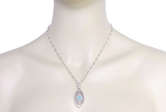 Art Deco Blue Topaz Filigree Oval Pendant Necklace in Sterling Silver - Item: N148BT - Image: 4