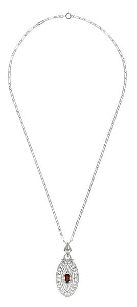 Art Deco Almandite Garnet Filigree Oval Pendant Necklace in Sterling Silver - Item: N148G - Image: 3
