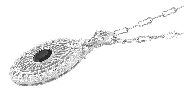 Art Deco Black Onyx Filigree Oval Pendant Necklace in Sterling Silver - Item: N148on - Image: 2
