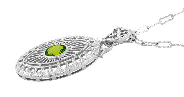 Art Deco Peridot Filigree Oval Pendant Necklace in Sterling Silver - Item: N148PER - Image: 2