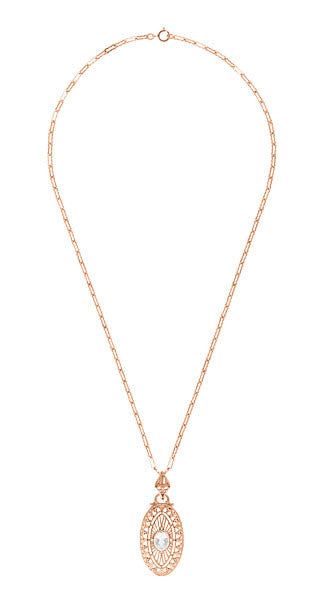 Art Deco Oval White Topaz Filigree Rose Gold Vermeil Pendant Necklace in Sterling Silver - Item: N148RWT - Image: 3
