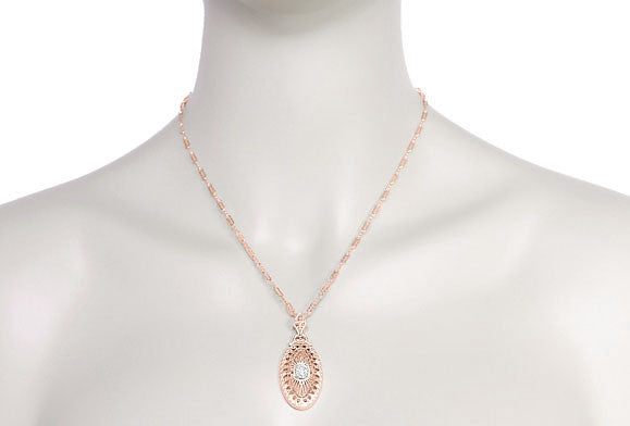 Art Deco Oval White Topaz Filigree Rose Gold Vermeil Pendant Necklace in Sterling Silver - Item: N148RWT - Image: 4