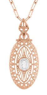 Art Deco Oval White Topaz Filigree Rose Gold Vermeil Pendant Necklace in Sterling Silver