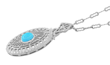 Art Deco Turquoise Filigree Oval Pendant Necklace in Sterling Silver - alternate view