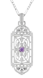 Art Deco Filigree Amethyst Geometric Pendant Necklace in Sterling Silver