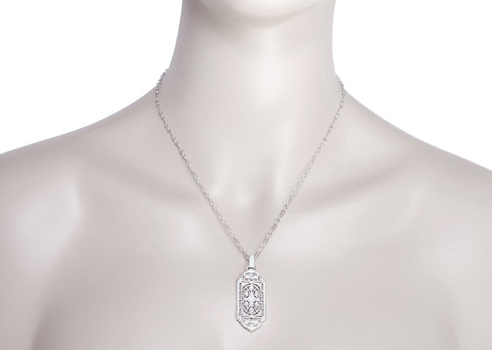 Art Deco Filigree Geometric Diamond Pendant Necklace in Sterling Silver - Item: N150DIA-LC - Image: 4