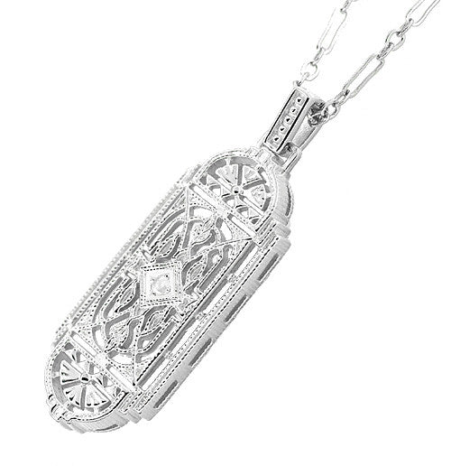 Art Deco Filigree Geometric Diamond Pendant Necklace in Sterling Silver - Item: N150DIA-LC - Image: 2