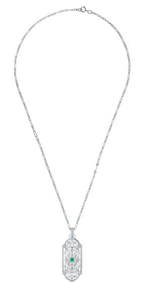 Art Deco Filigree Emerald Geometric Pendant Necklace in Sterling Silver - Item: N150E - Image: 3