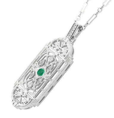 Art Deco Filigree Emerald Geometric Pendant Necklace in Sterling Silver - alternate view
