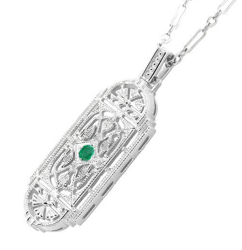 Art Deco Filigree Emerald Geometric Pendant Necklace in Sterling Silver - Item: N150E - Image: 2