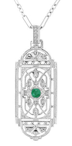 Art Deco Filigree Emerald Geometric Pendant Necklace in Sterling Silver