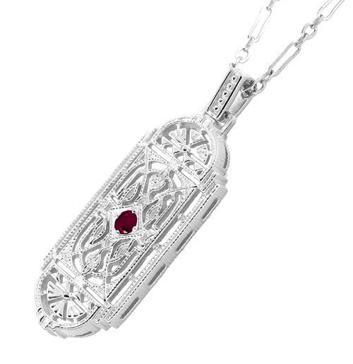 Art Deco Filigree Ruby Geometric Pendant Necklace in Sterling Silver - Item: N150R - Image: 2