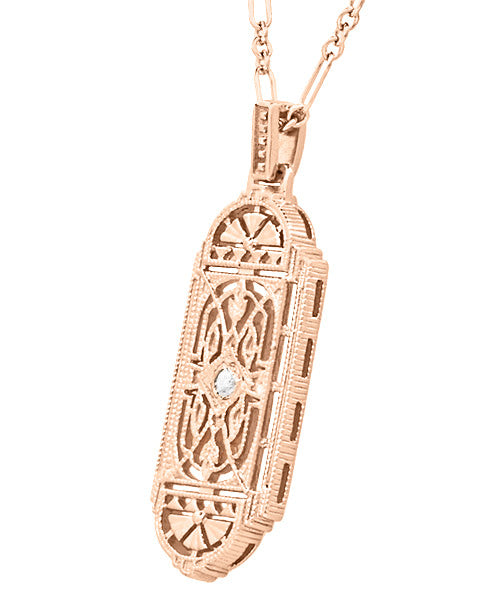 Art Deco Filigree Rose Gold Vermeil Geometric White Sapphire Pendant Necklace in Sterling Silver - Item: N150RWS - Image: 2