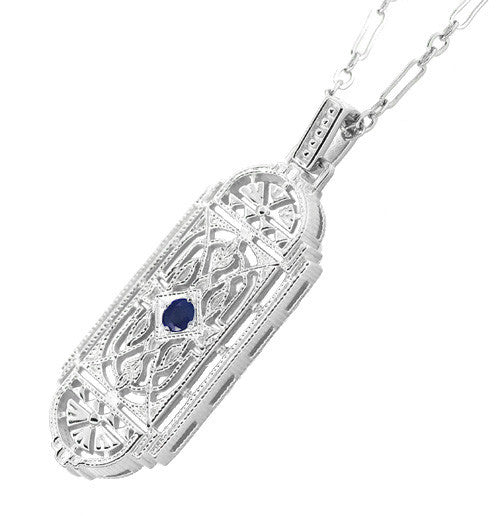 Art Deco Filigree Sapphire Geometric Pendant Necklace in Sterling Silver - Item: N150S - Image: 2