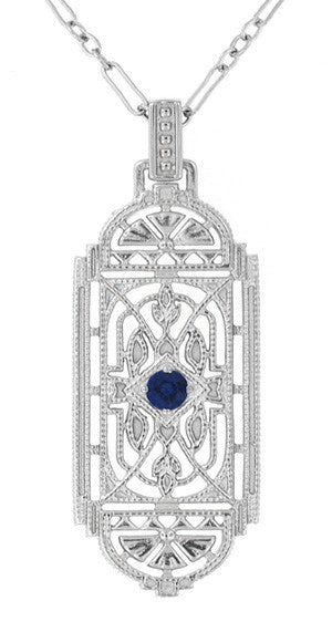 Art Deco Filigree Sapphire Geometric Pendant Necklace in Sterling Silver