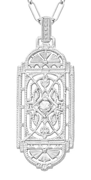 1920's Art Deco Filigree White Sapphire Geometric Pendant Necklace in Sterling Silver