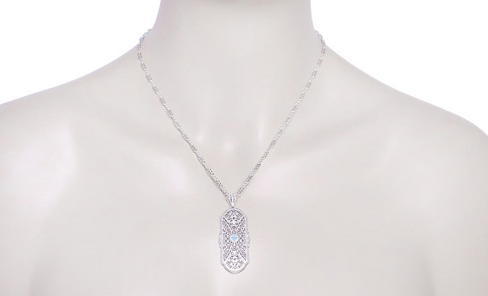 Art Deco Floral Filigree Aquamarine Pendant Necklace in Sterling Silver - Item: N151A - Image: 4