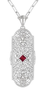 Art Deco Flowers Filigree Ruby Pendant Necklace in Sterling Silver