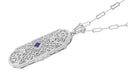 Art Deco Sapphire and Diamonds Floral Filigree Pendant Necklace in Sterling Silver