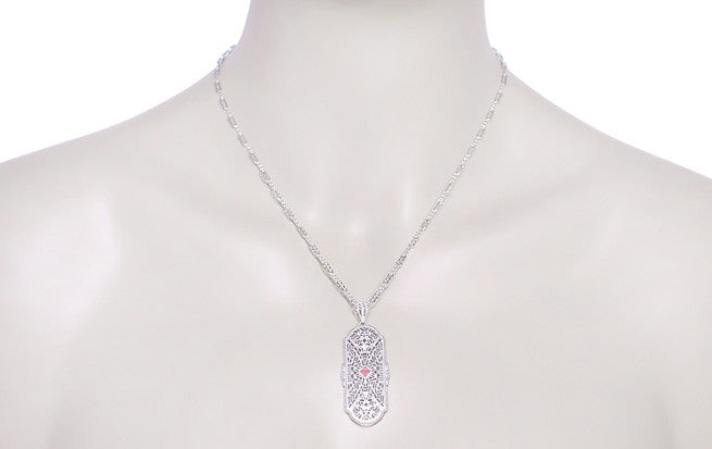 Art Deco Pink Tourmaline and Diamonds Floral Filigree Pendant Necklace in Sterling Silver - Item: N151T - Image: 3