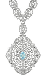 Edwardian Filigree Drop Pendant Necklace with Blue Topaz and Diamond in Sterling Silver
