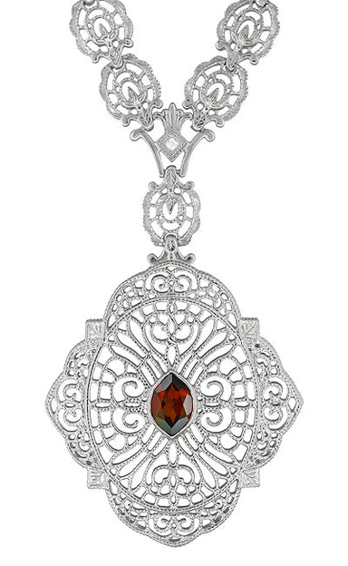 Edwardian Filigree Drop Pendant Necklace with Almandite Garnet and Diamond in Sterling Silver