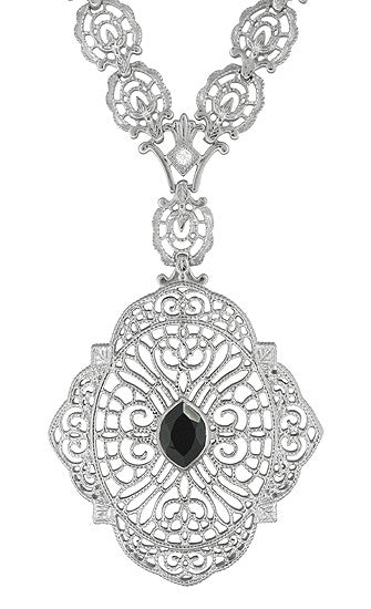 Edwardian Filigree Drop Pendant Necklace with Black Onyx and Diamond in Sterling Silver