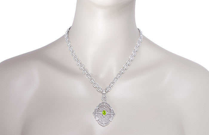 Edwardian Filigree Drop Pendant Necklace with Peridot and Diamond in Sterling Silver - Item: N152PER - Image: 4